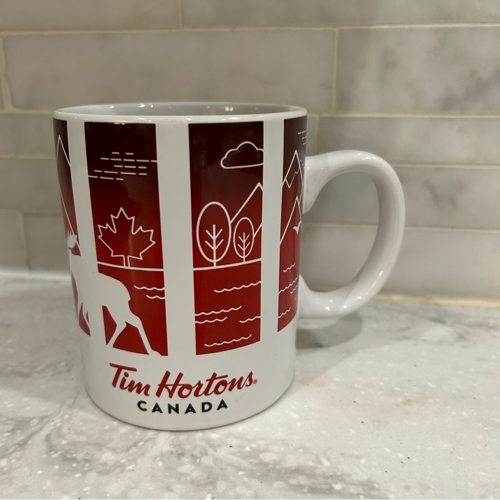 Tim Hortons Red and White Mug. travellers series. EUC!